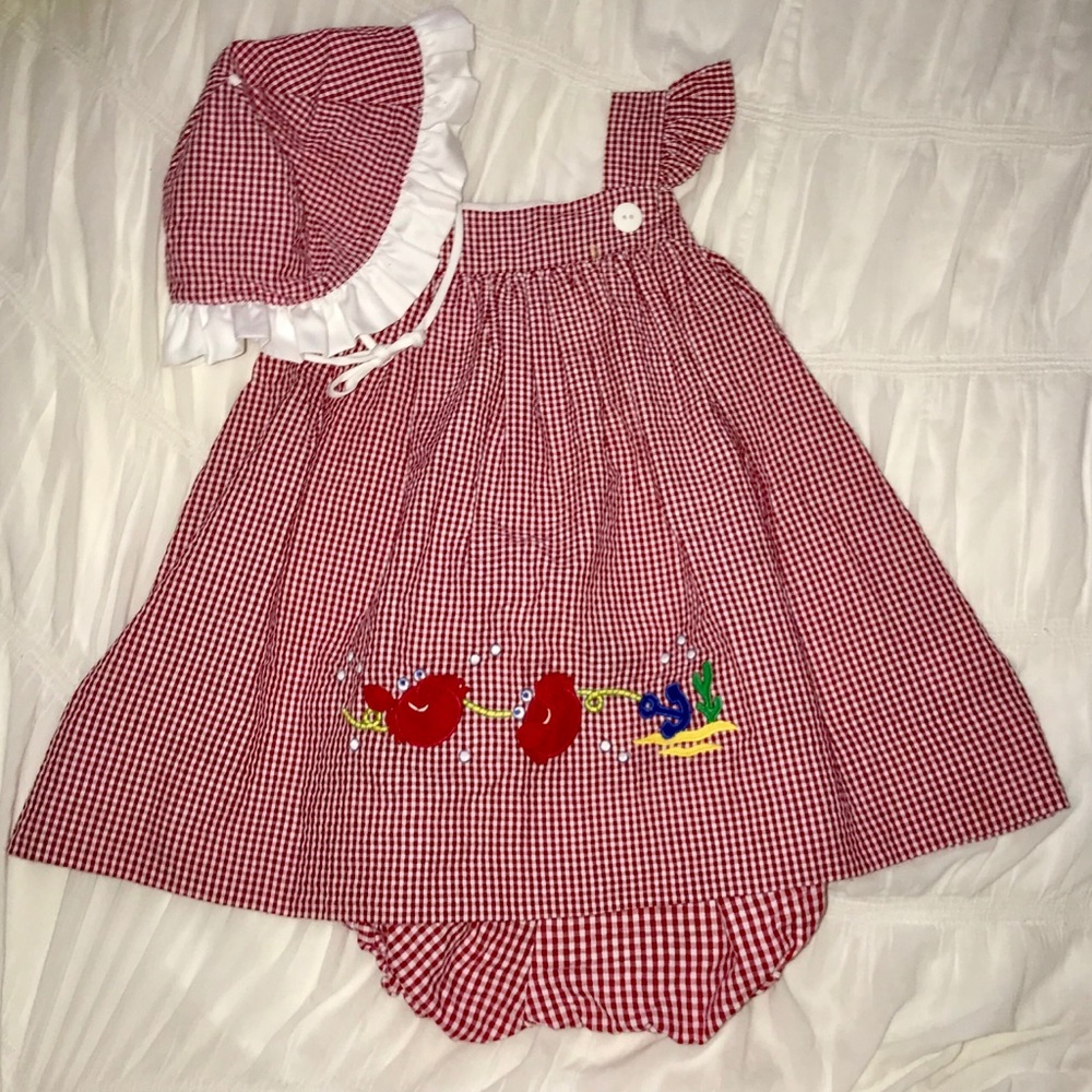 ZU 18m red & white gingham crab sundress w/ hat
